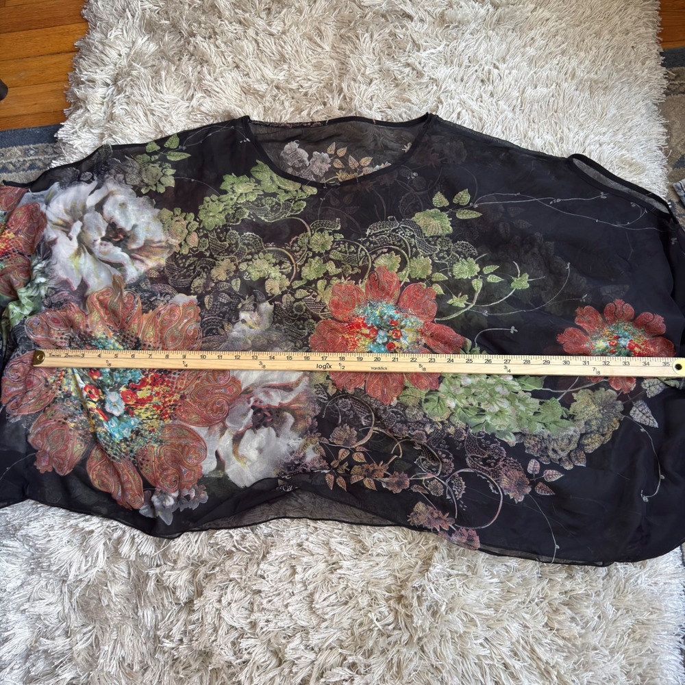 Boho Sheer Chiffon Poncho Top Womens One Size Black Floral Paisley Draped Blouse - Picture 9 of 16